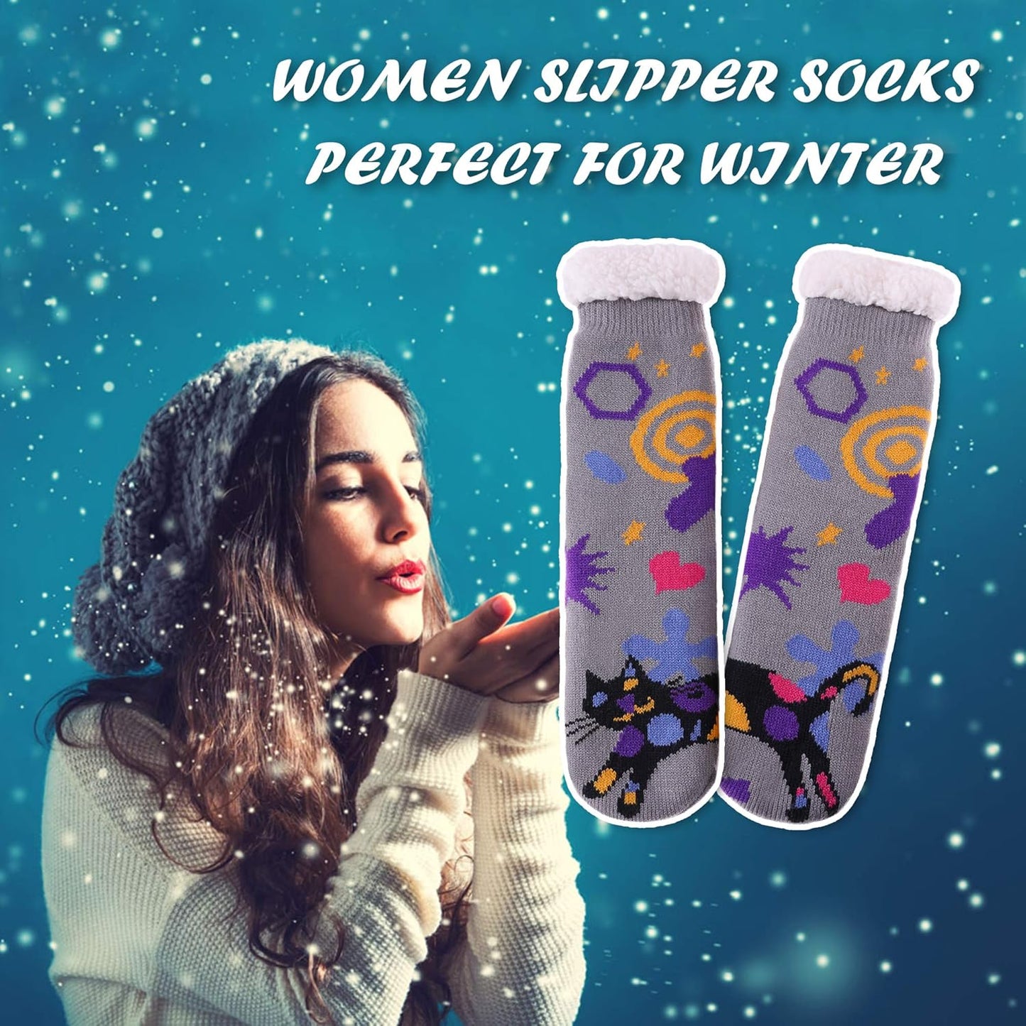 Non Slip Slipper Socks for Womens Fuzzy Soft Cozy Grippers Winter Warm Animal Fleece-Lined Home Socks