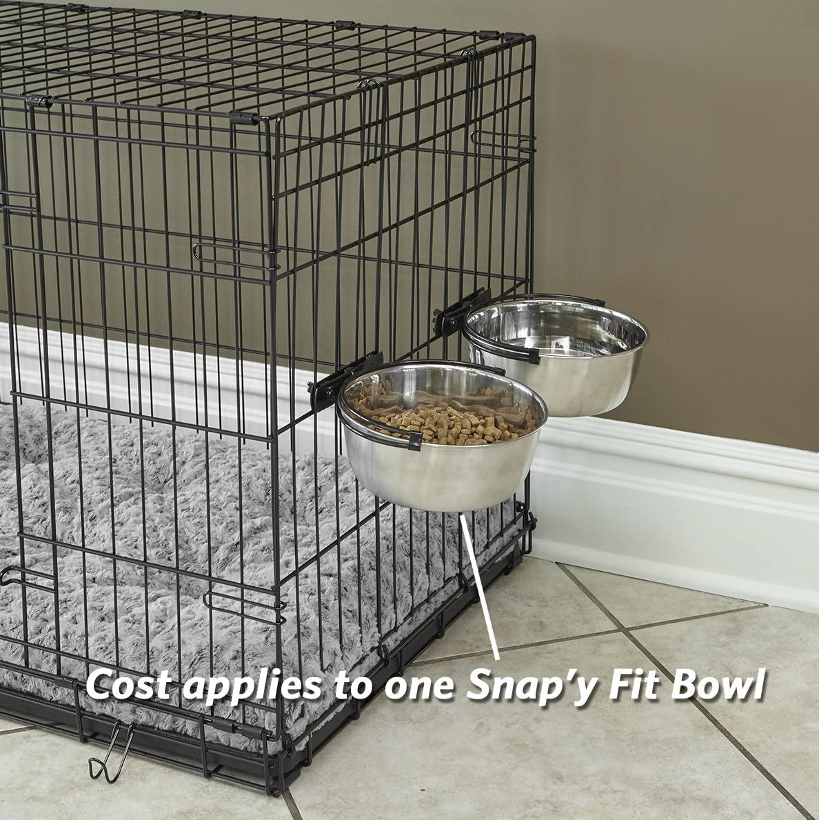 Snap'Y Fit Stainless Steel Food or Water Bowl, Holds 10 Ounces, Mounts to Wire Crates, No-Tip Design, Rust-Resistant, for Small Dogs and Cats