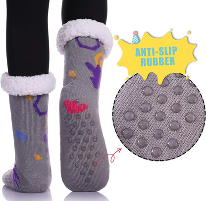 Non Slip Slipper Socks for Womens Fuzzy Soft Cozy Grippers Winter Warm Animal Fleece-Lined Home Socks