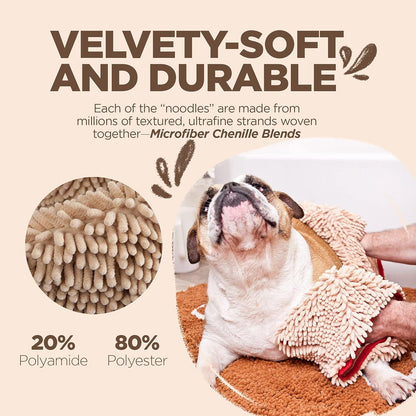 Soggy Doggy Super Shammy Dog Towel - Microfiber Chenille Towel for Drying Dogs and Cleaning Paws - Fast Drying with Hand Pockets for Ease (Beige/Red Trim, 31” X 14”)