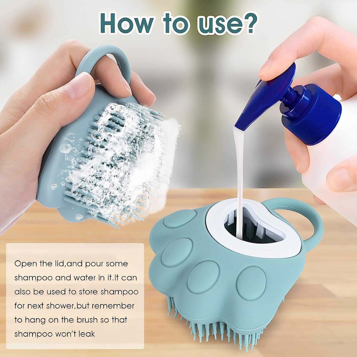 Pet Grooming Brush, Silicone Rubber Dog Bath Brush Comb, Soft Silicone Puppy Massage Brush Hair Fur Grooming Cleaning Brush with Shampoo Dispenser, Blue