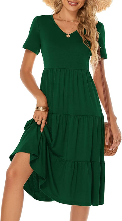 Women'S Casual Summer Tiered Midi Dress 2025 Short Sleeve V-Neck Loose Cotton Ruffle Babydoll Dress Boho Sundress