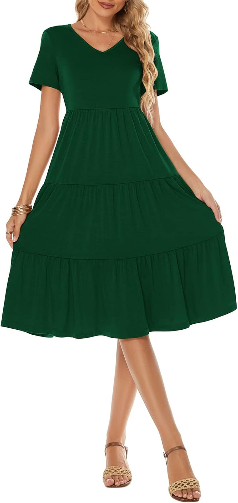 Women'S Casual Summer Tiered Midi Dress 2025 Short Sleeve V-Neck Loose Cotton Ruffle Babydoll Dress Boho Sundress