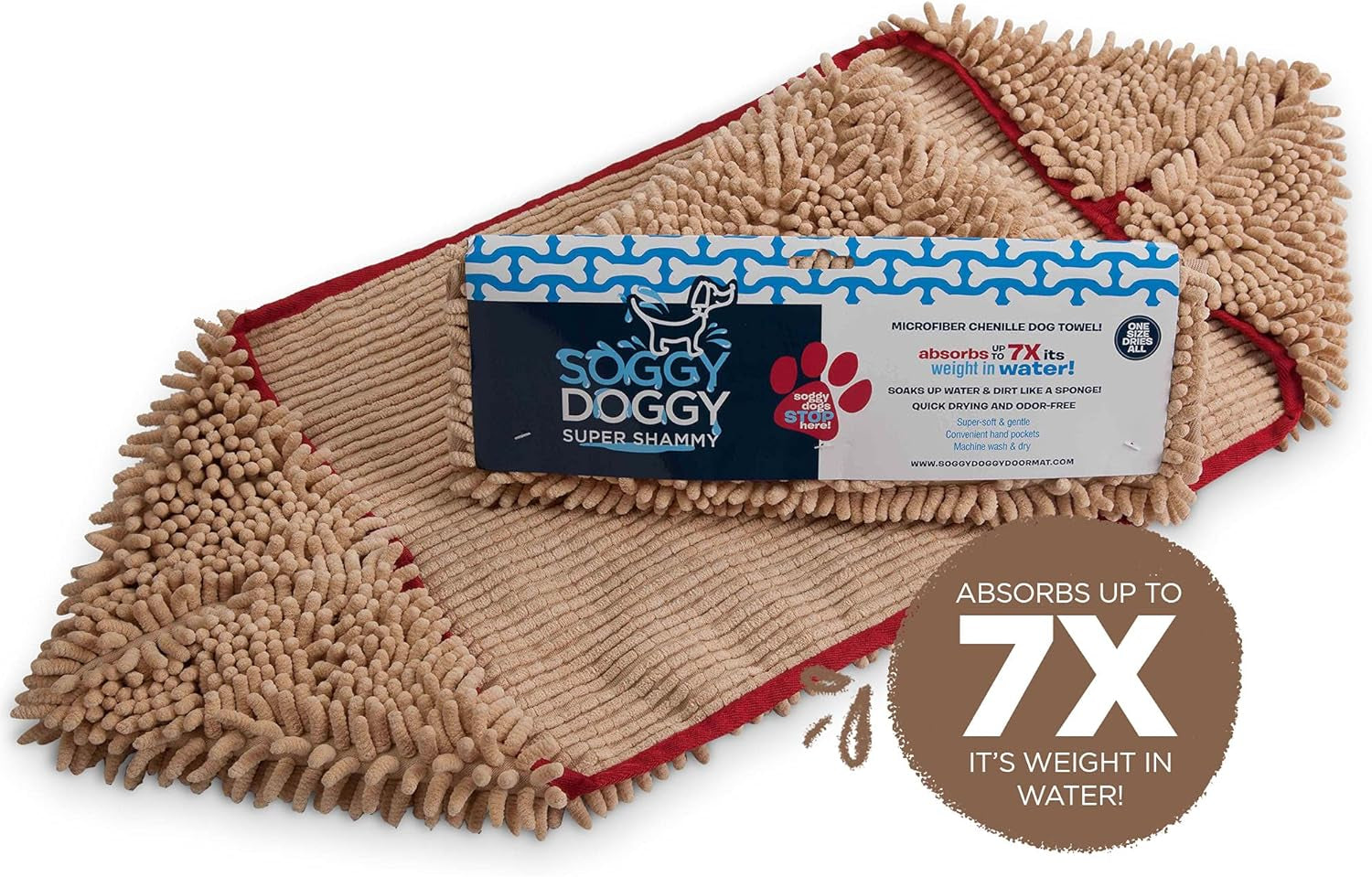 Soggy Doggy Super Shammy Dog Towel - Microfiber Chenille Towel for Drying Dogs and Cleaning Paws - Fast Drying with Hand Pockets for Ease (Beige/Red Trim, 31” X 14”)
