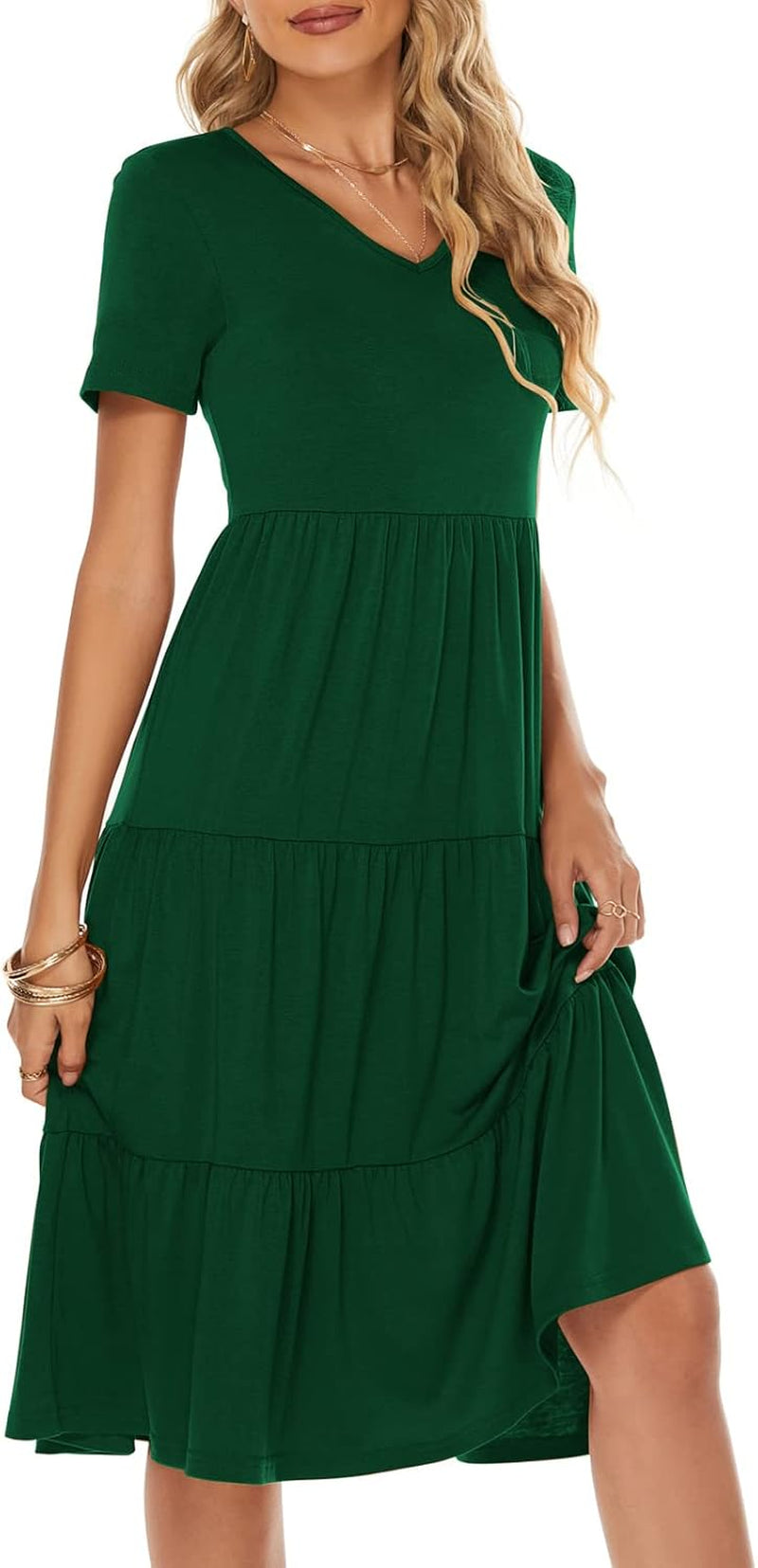 Women'S Casual Summer Tiered Midi Dress 2025 Short Sleeve V-Neck Loose Cotton Ruffle Babydoll Dress Boho Sundress