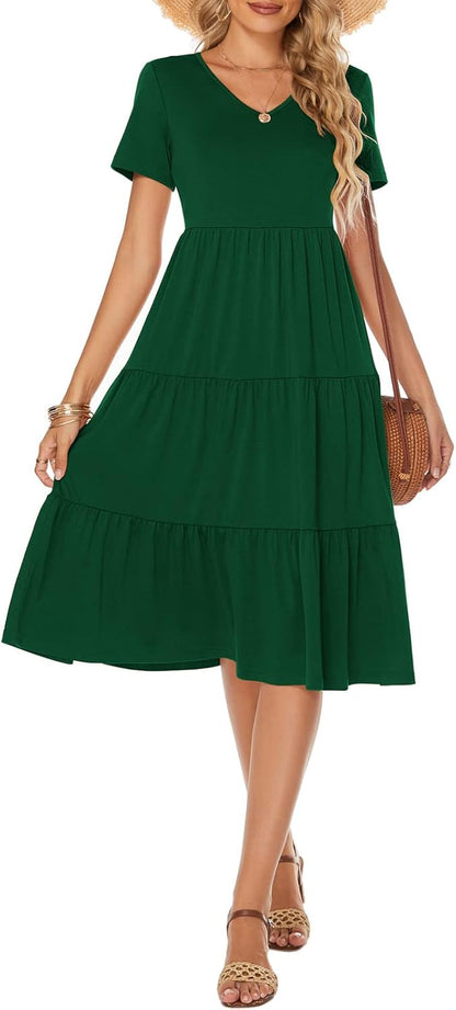 Women'S Casual Summer Tiered Midi Dress 2025 Short Sleeve V-Neck Loose Cotton Ruffle Babydoll Dress Boho Sundress